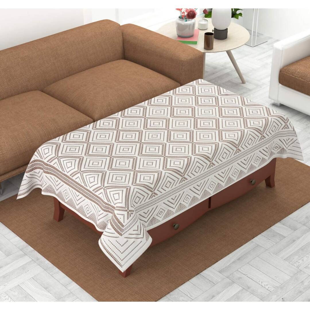 Yellow Weaves Cotton Geometric Designer Net Rectangular Center 4 Seater Table Cover - Off White  Grab2Buy Generic Grab2Buy