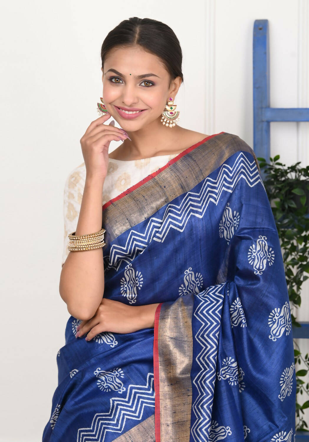 Very Much Indian Handloom Pure Tussar Silk Saree With Floral Prints - Blue - Grab2buy