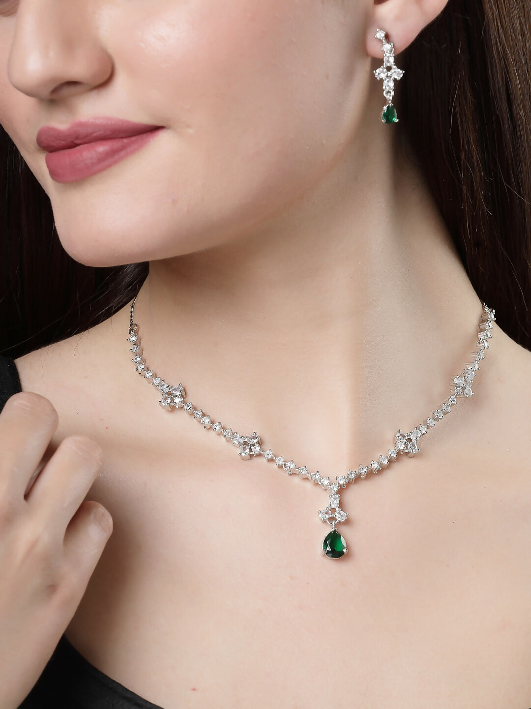 NVR Women's Silver-Plated Green American Diamond Studded Jewellery Set - Grab2buy