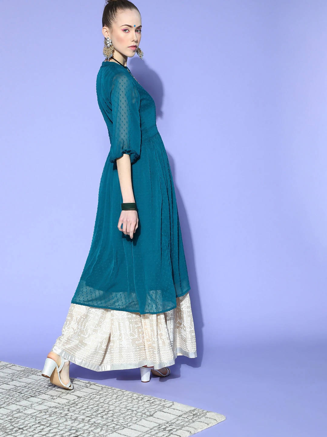 Janasya Women Teal Woven Design Dobby Weave Kurta