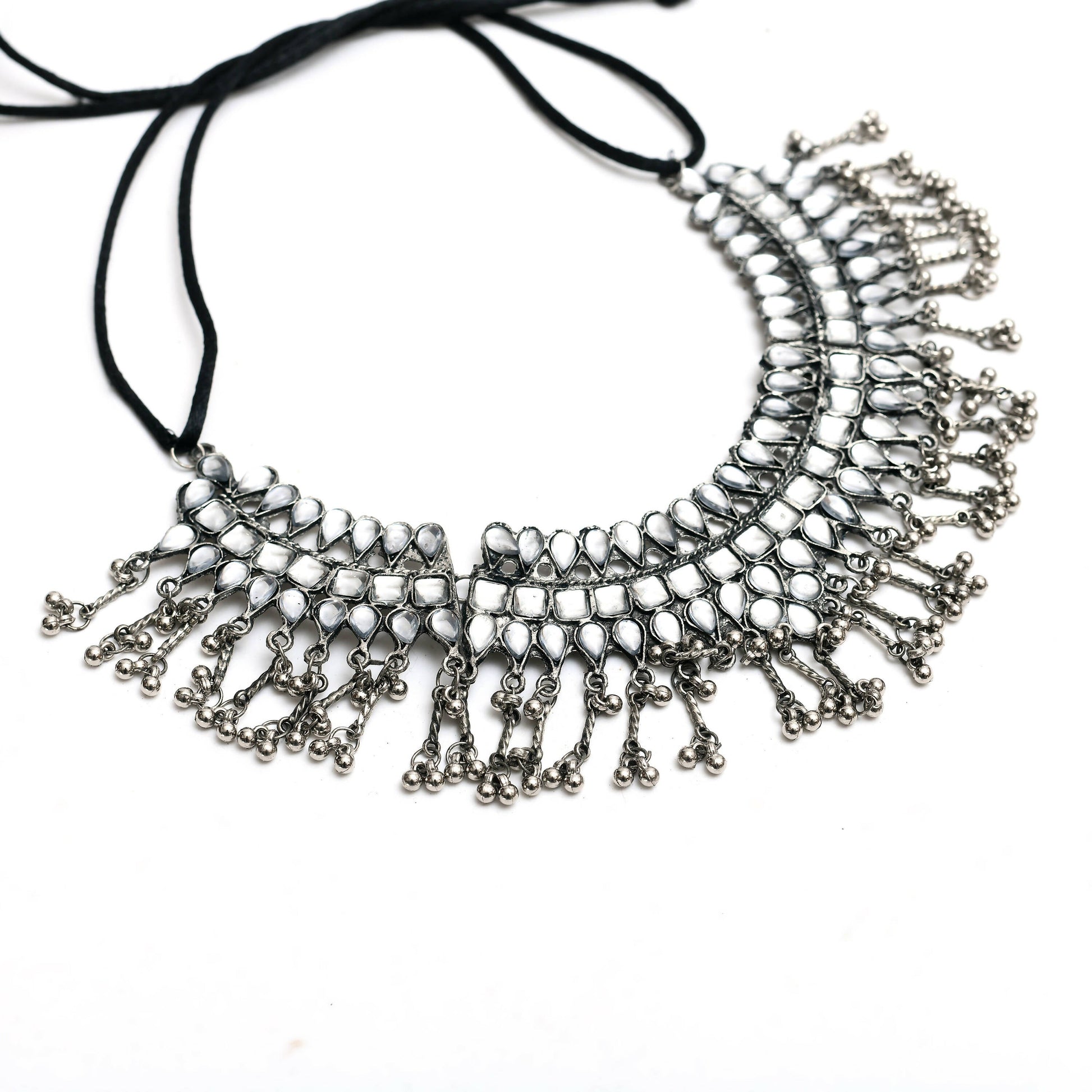 Mominos Fashion Johar Kamal Oxidised Silver-Plated Brass Finish Kundan Necklace For Women (Silver) - Grab2buy
