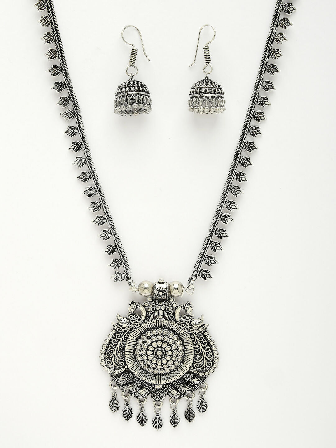 NVR Women's Silver-Toned Peacock Design Oxidized Necklace with Jhumka Earrings - Grab2buy