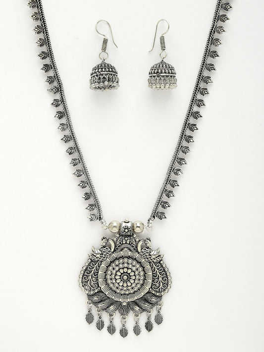 NVR Women's Silver-Toned Peacock Design Oxidized Necklace with Jhumka Earrings - Grab2buy