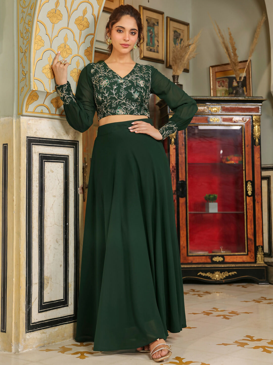 Janasya Dark Green Georgette Embroidered Top & Skirt 