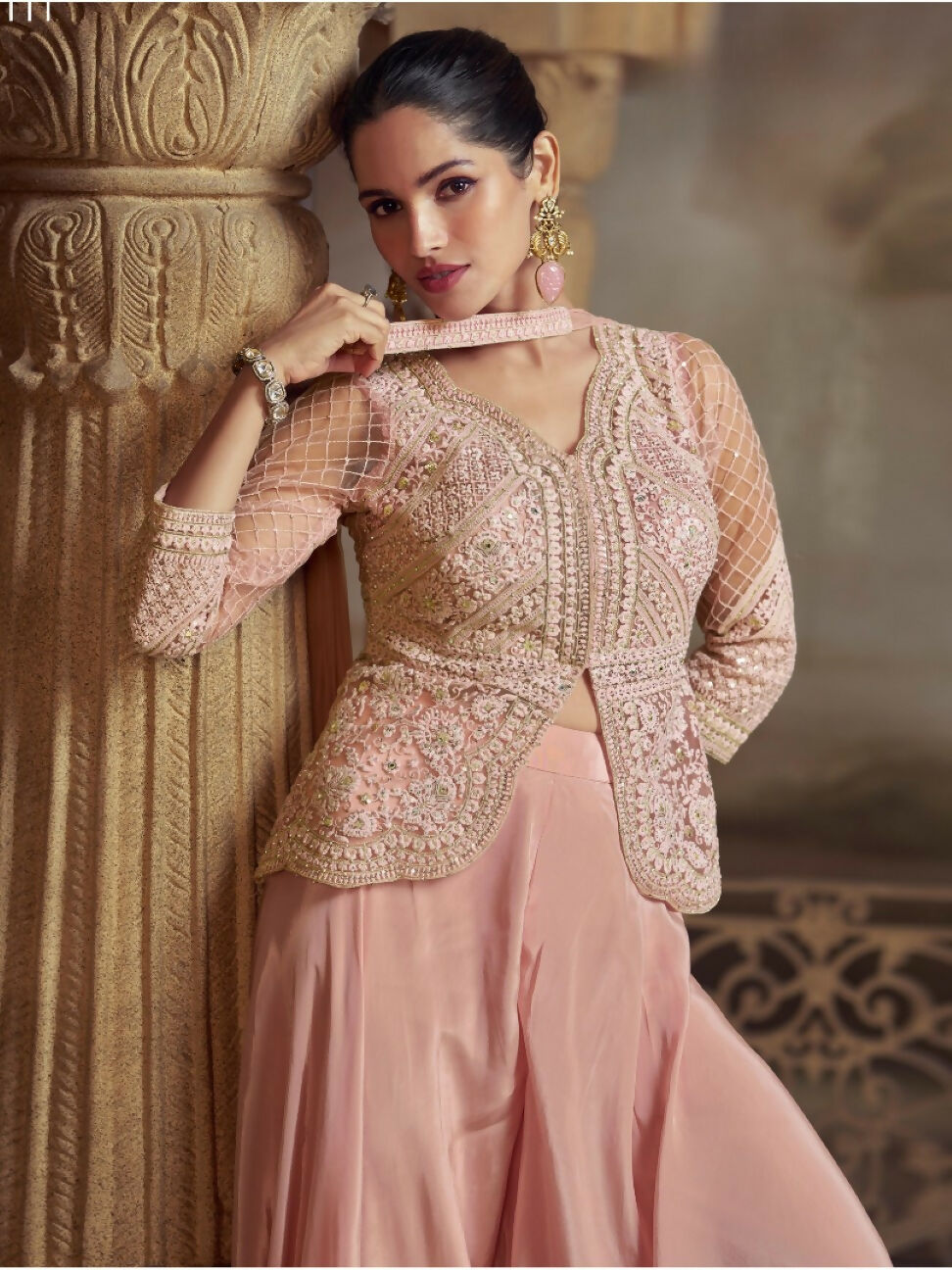Anaita Baby Pink Georgette Readymade Suit with Embroidery Work