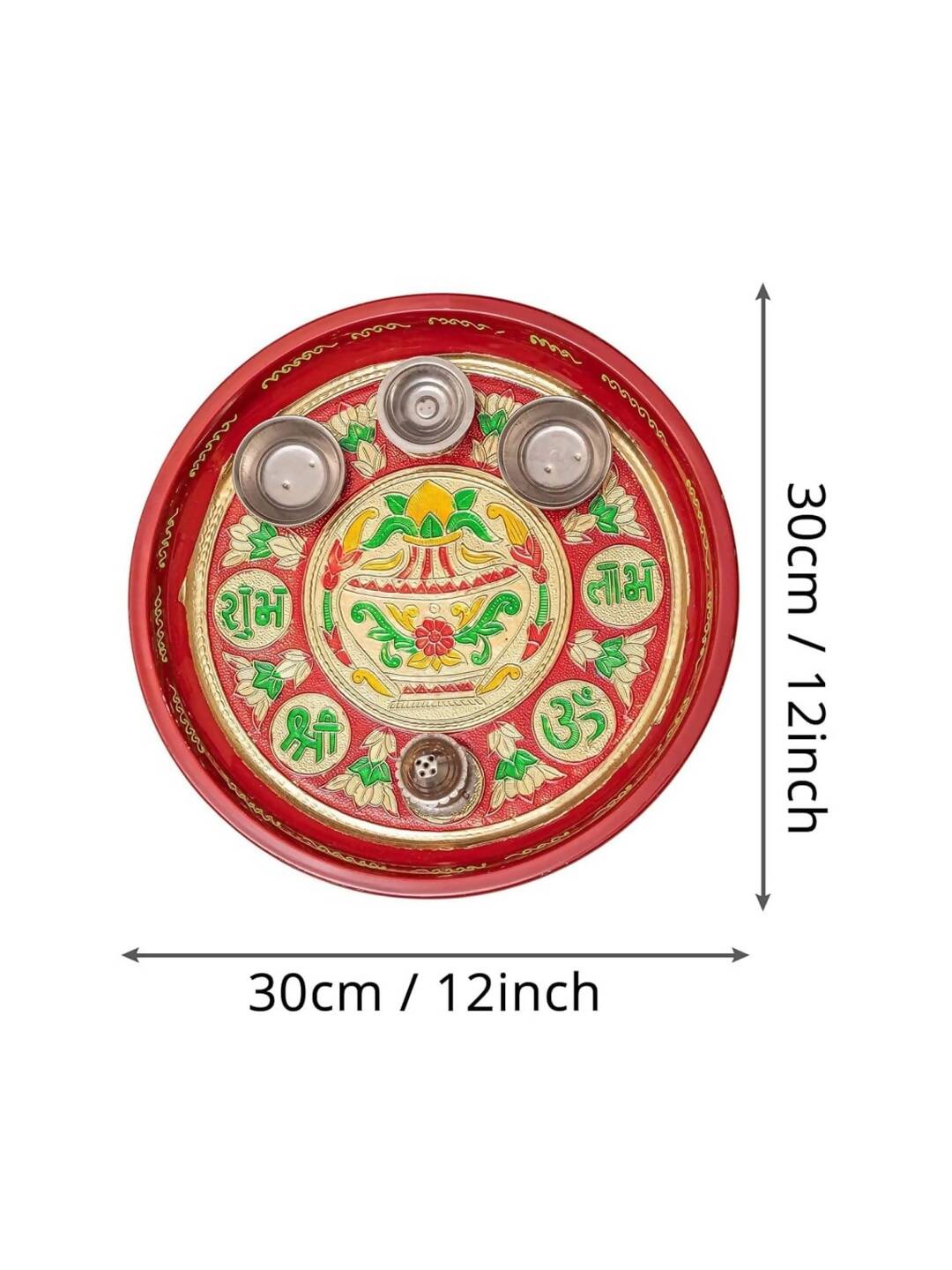 Tied Ribbons Red Printed Pooja Thali With Attached Incense Diya Tilak Holder 