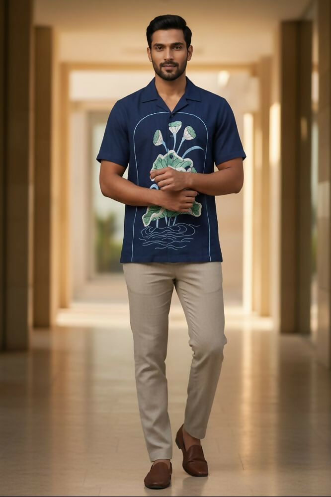 Midnight Bloom — Navy Lotus Embroidered Cotton Shirt by Hilo Design