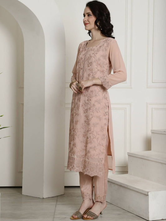Aastha Fashion Women's Peach Georgette Floral Resham Thread with Cording & Crystal work Kurta with Trouser & Dupatta - Grab2buy