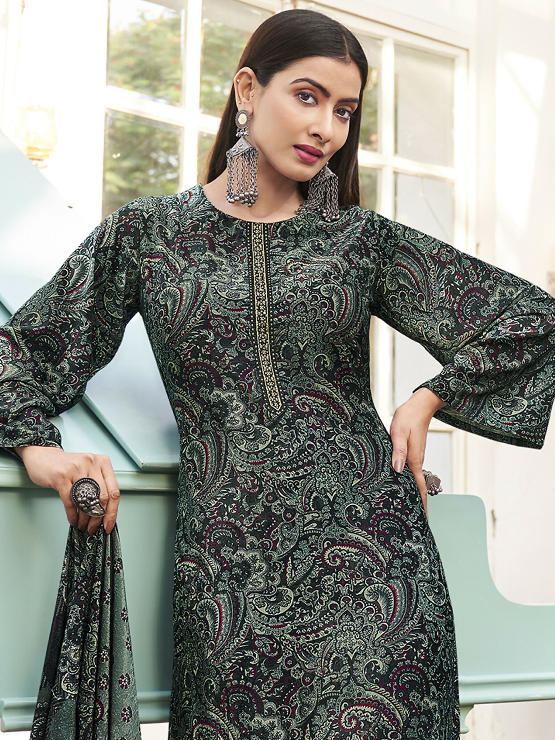 Jyoti Fashion Women's Green Velvet Digital Print with Resham Thread work Kurta with Trouser & Dupatta