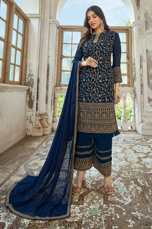 Navy Blue Heavy Fox Georgette Embroidered Semi Stitched Suit - Dhvani