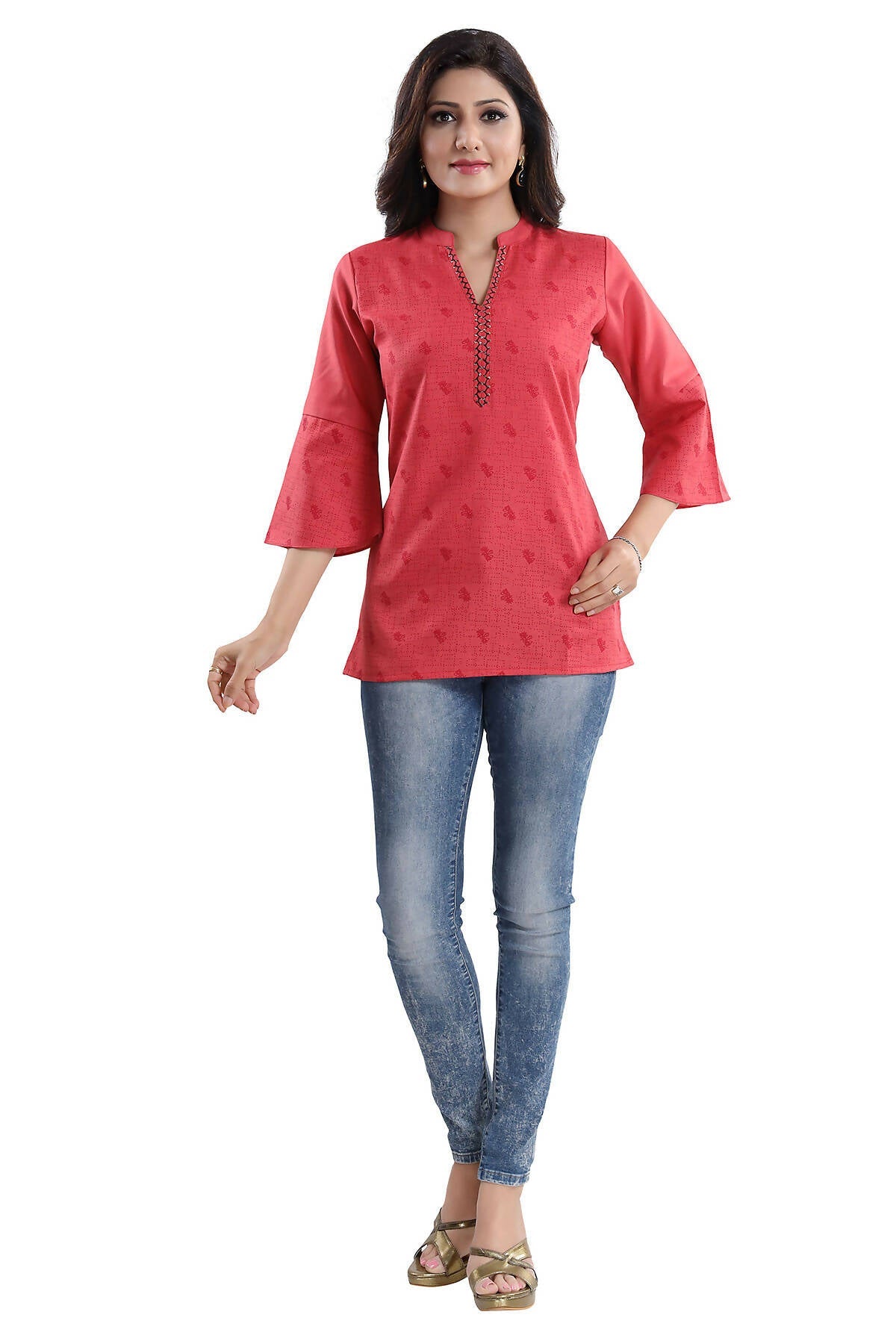 Snehal Creations Tomato Cotton Blended Casual Short Tunic Top