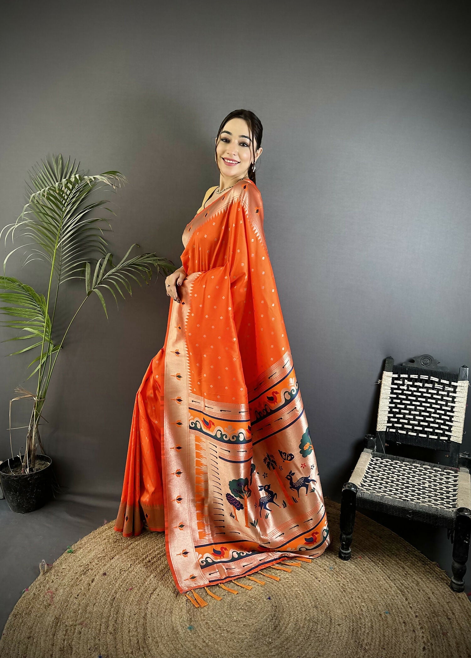 Joban Fashion Orange Peacock & Floral Motifs Soft Lichi Silk Kanchipuram Saree