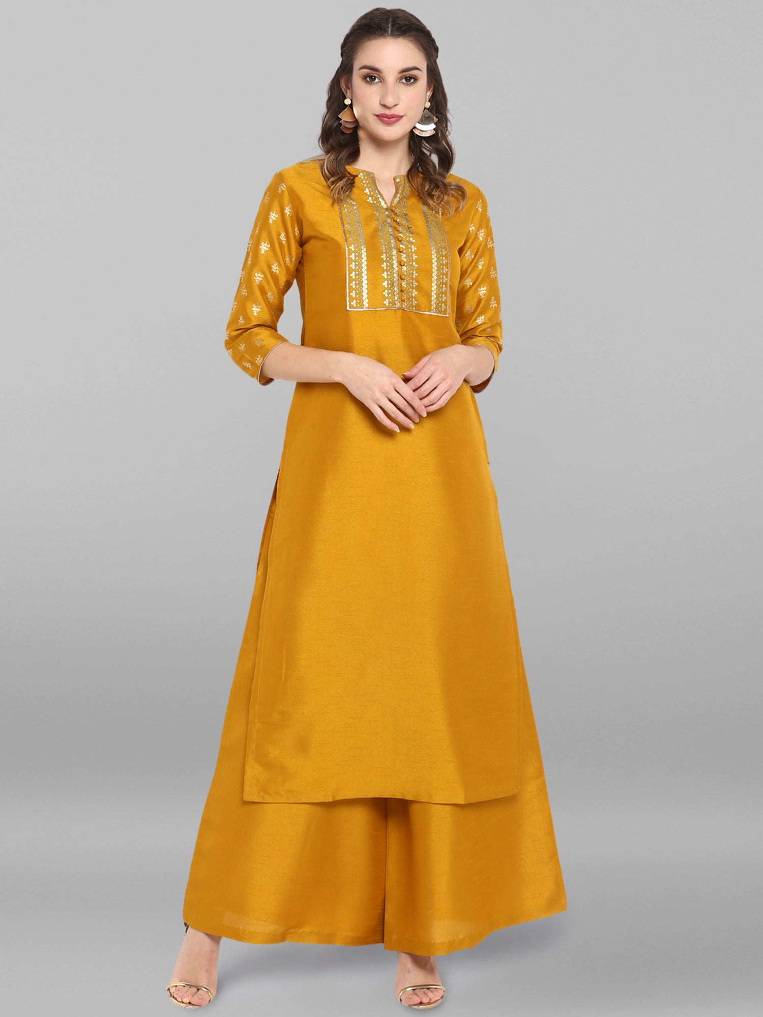 Janasya Mustard Poly Silk Foil Print Set | Grab2Buy