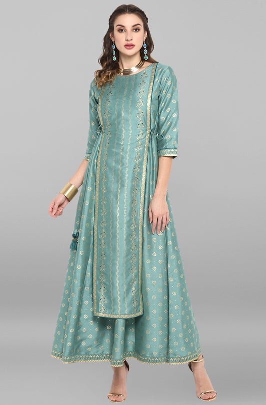 Janasya Green Rayon Crepe Foil Print Flared Ethnic Dress 
