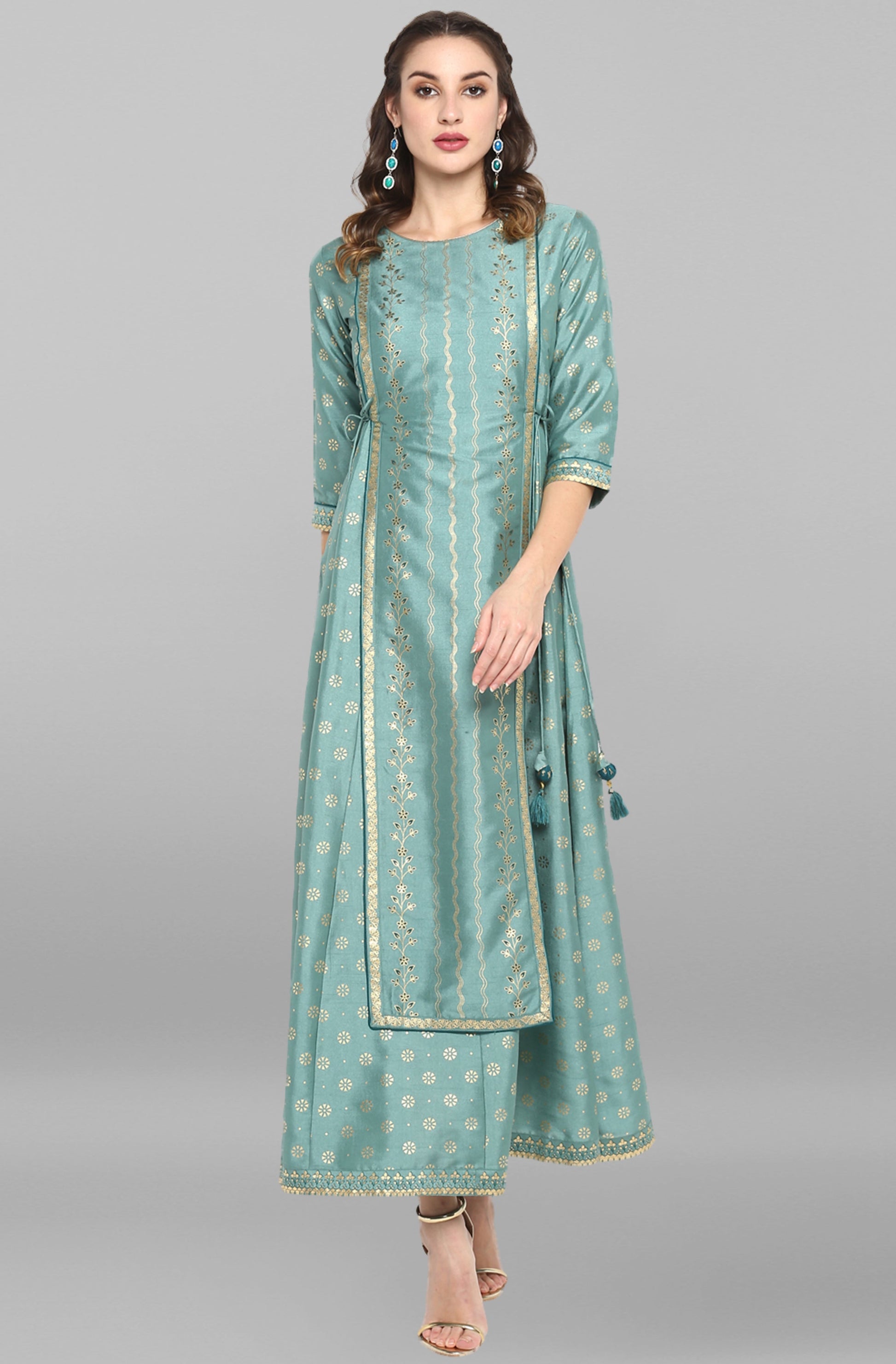 Janasya Green Rayon Crepe Foil Print Flared Ethnic Dress 