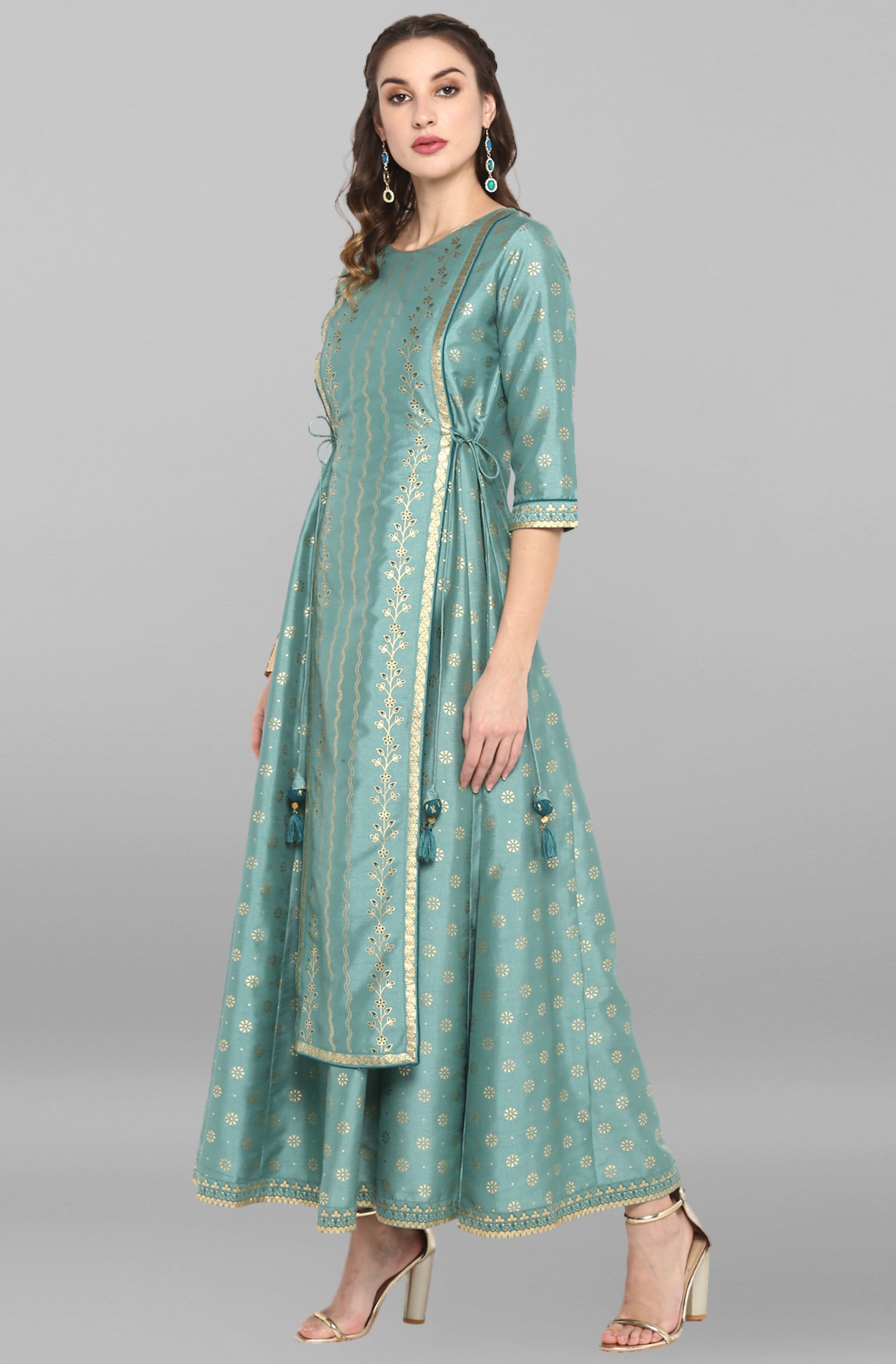 Janasya Green Rayon Crepe Foil Print Flared Ethnic Dress 