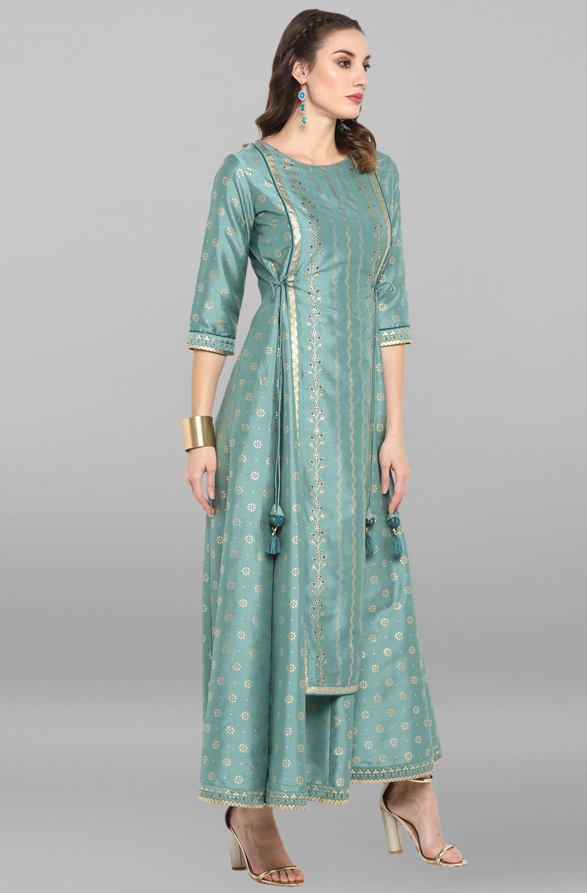 Janasya Green Rayon Crepe Foil Print Flared Ethnic Dress 