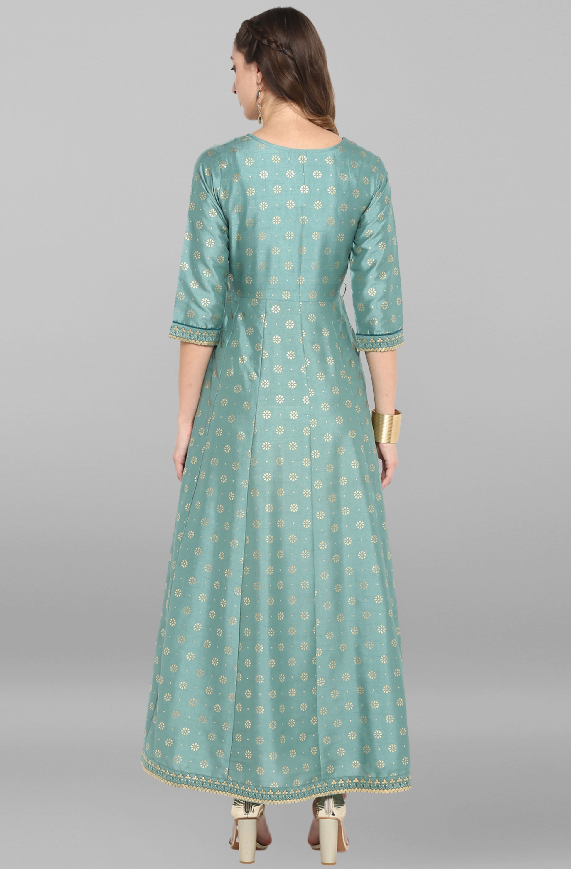 Janasya Green Rayon Crepe Foil Print Flared Ethnic Dress 
