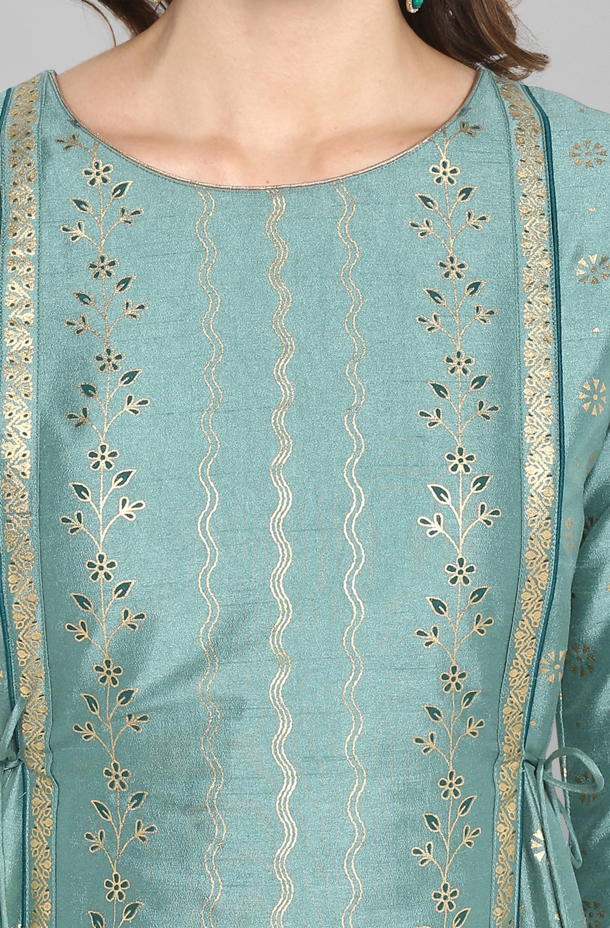 Janasya Green Rayon Crepe Foil Print Flared Ethnic Dress 