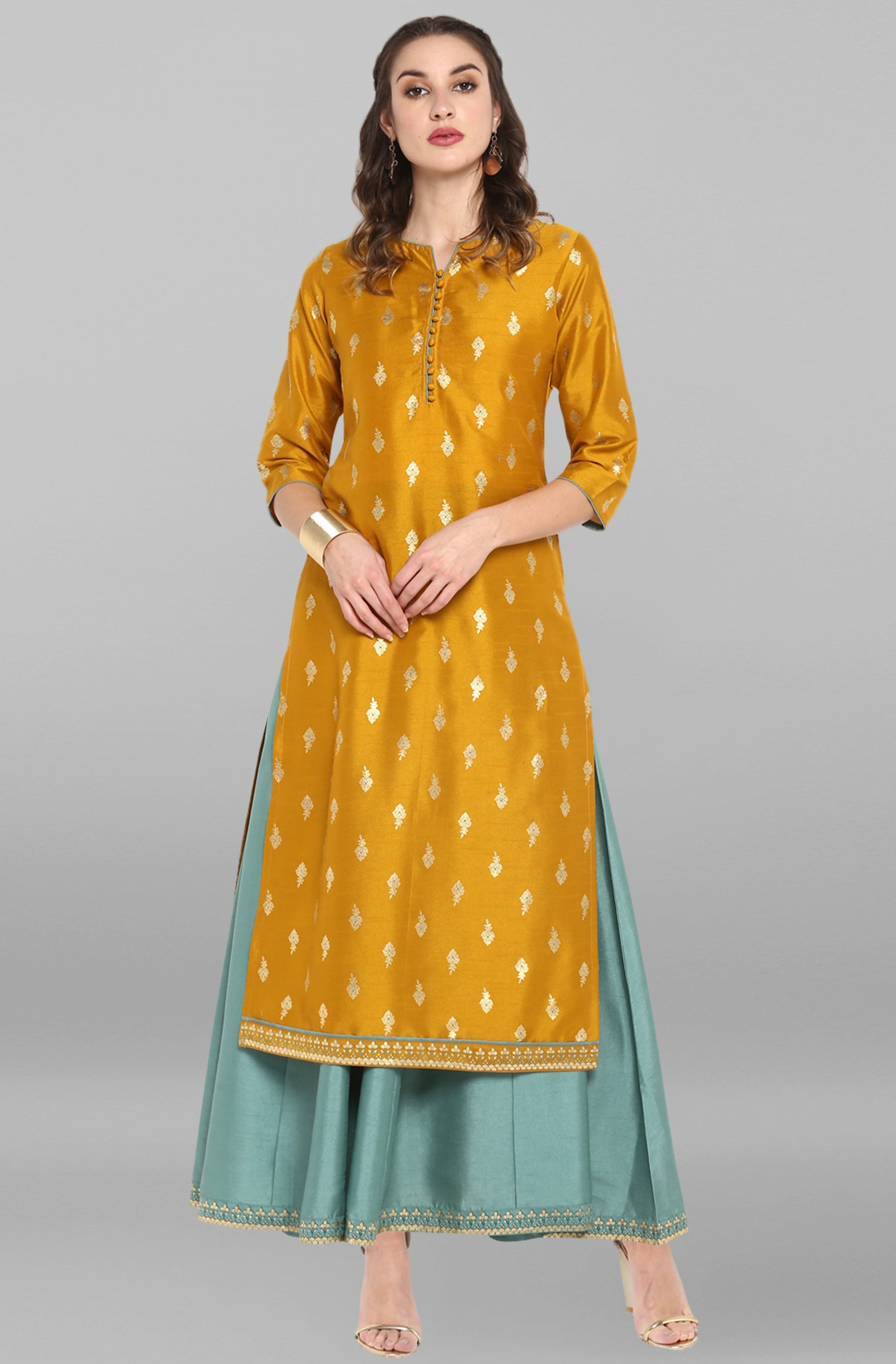 Janasya Light Green Poly Silk Gold Print Anarkali Ethnic Dress 