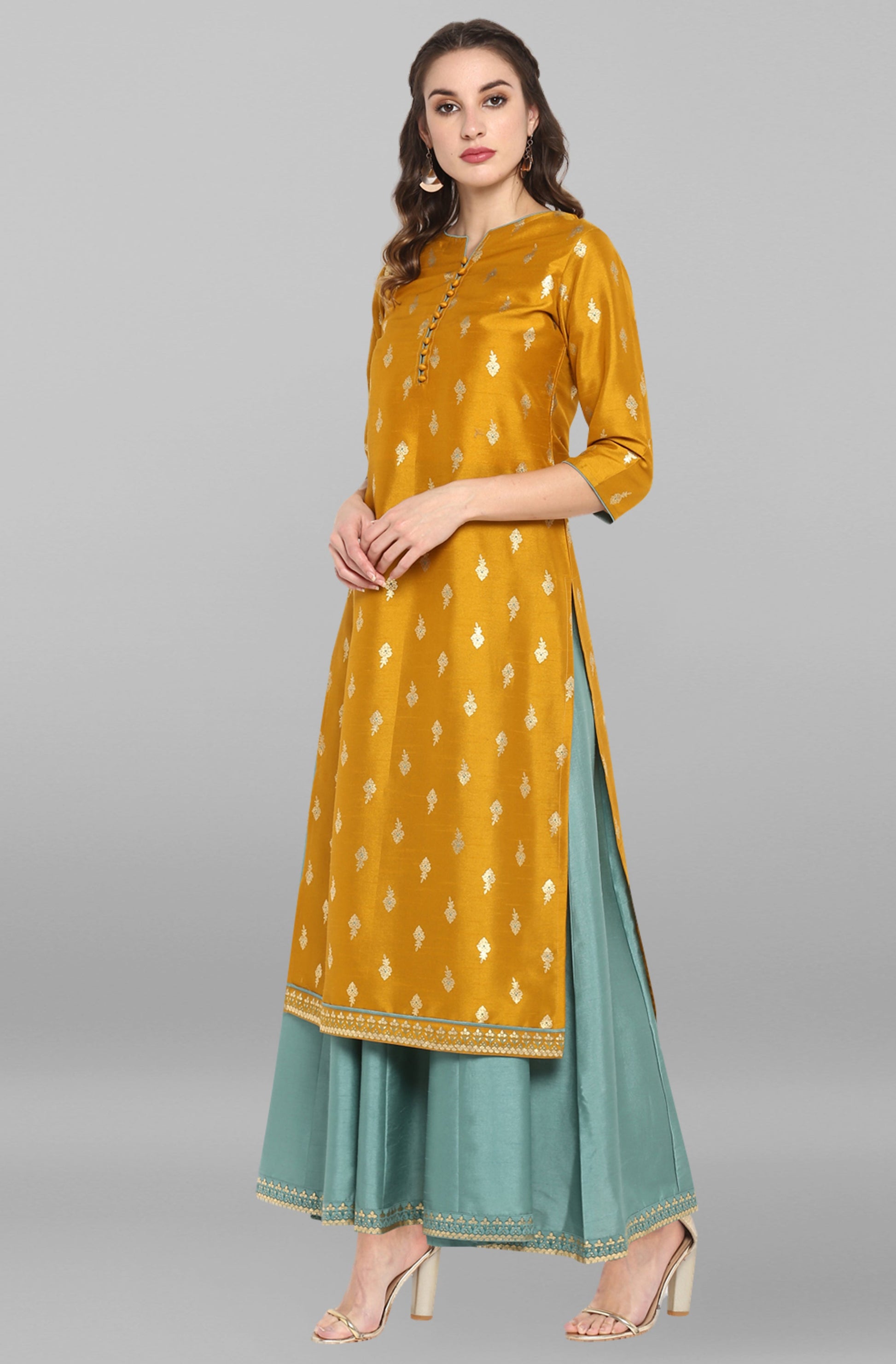 Janasya Light Green Poly Silk Gold Print Anarkali Ethnic Dress 