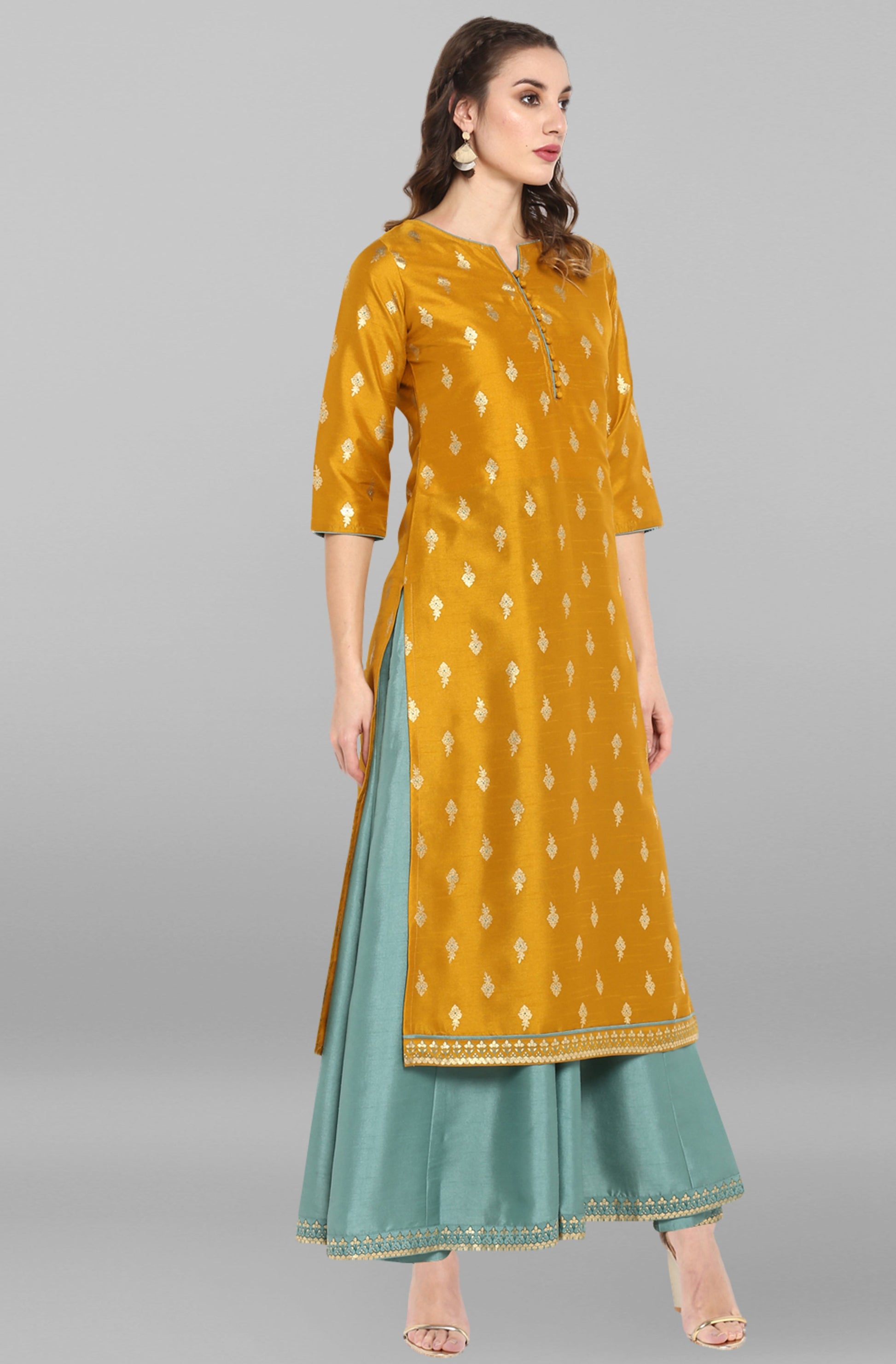 Janasya Light Green Poly Silk Gold Print Anarkali Ethnic Dress 
