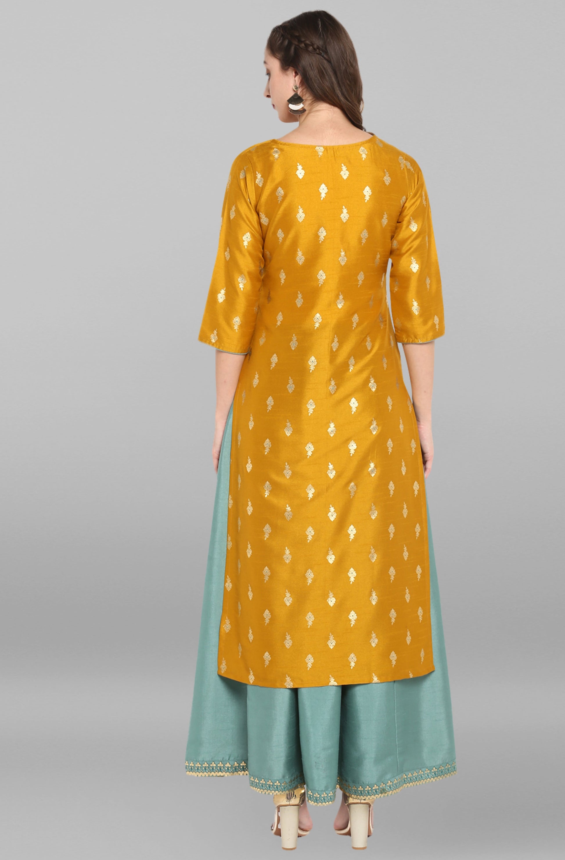 Janasya Light Green Poly Silk Gold Print Anarkali Ethnic Dress 
