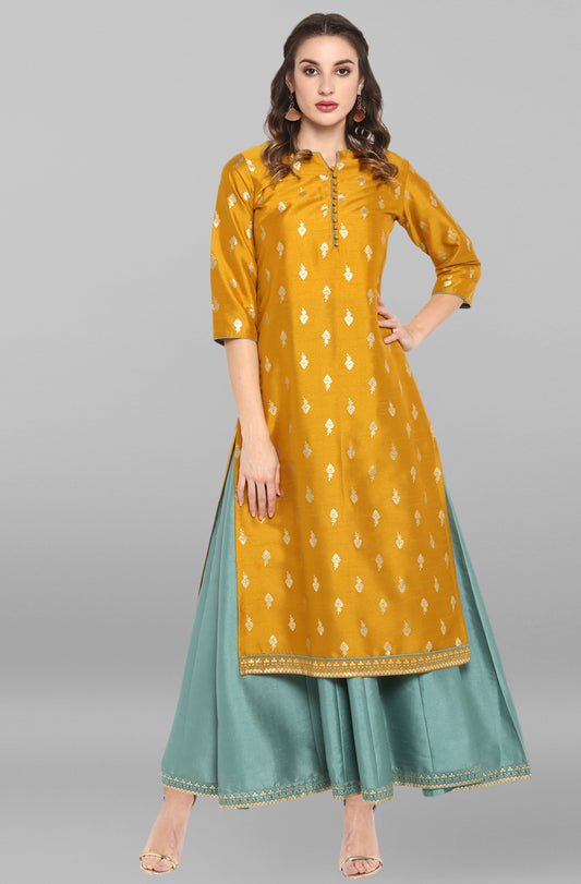 Janasya Light Green Poly Silk Gold Print Anarkali Ethnic Dress 