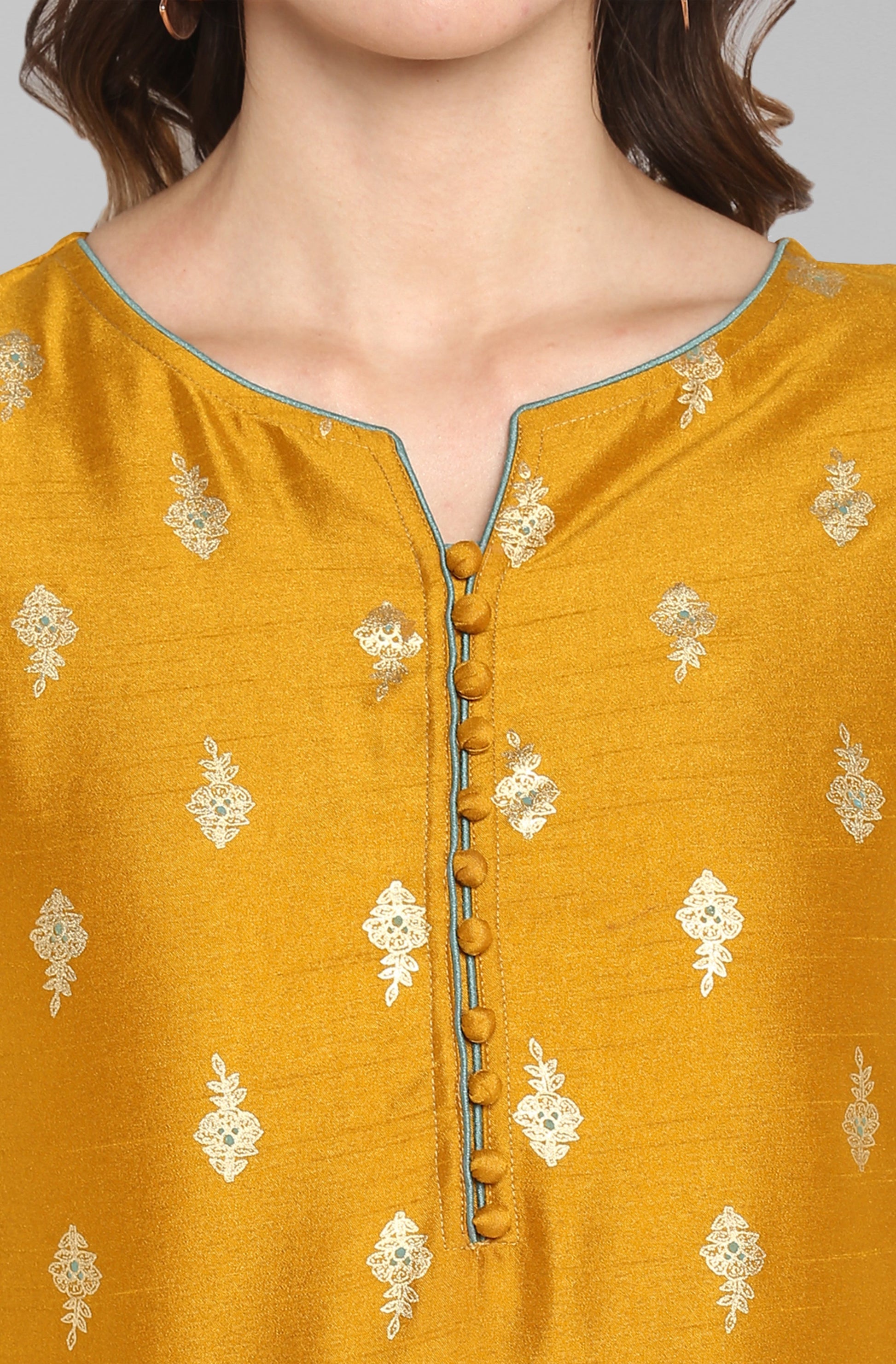 Janasya Light Green Poly Silk Gold Print Anarkali Ethnic Dress 
