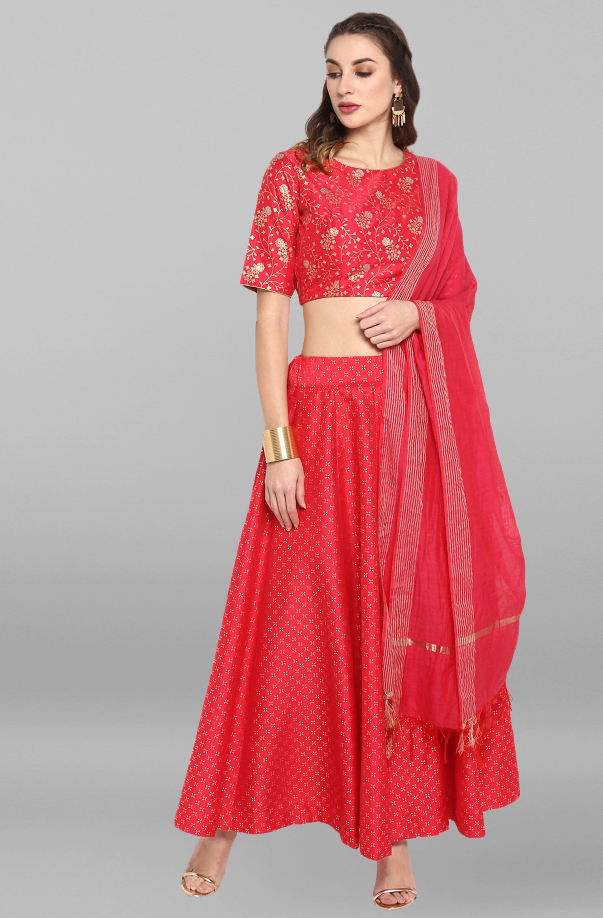 Janasya Women's Pink Poly Silk Gold Print Lehenga Choli With Dupatta 