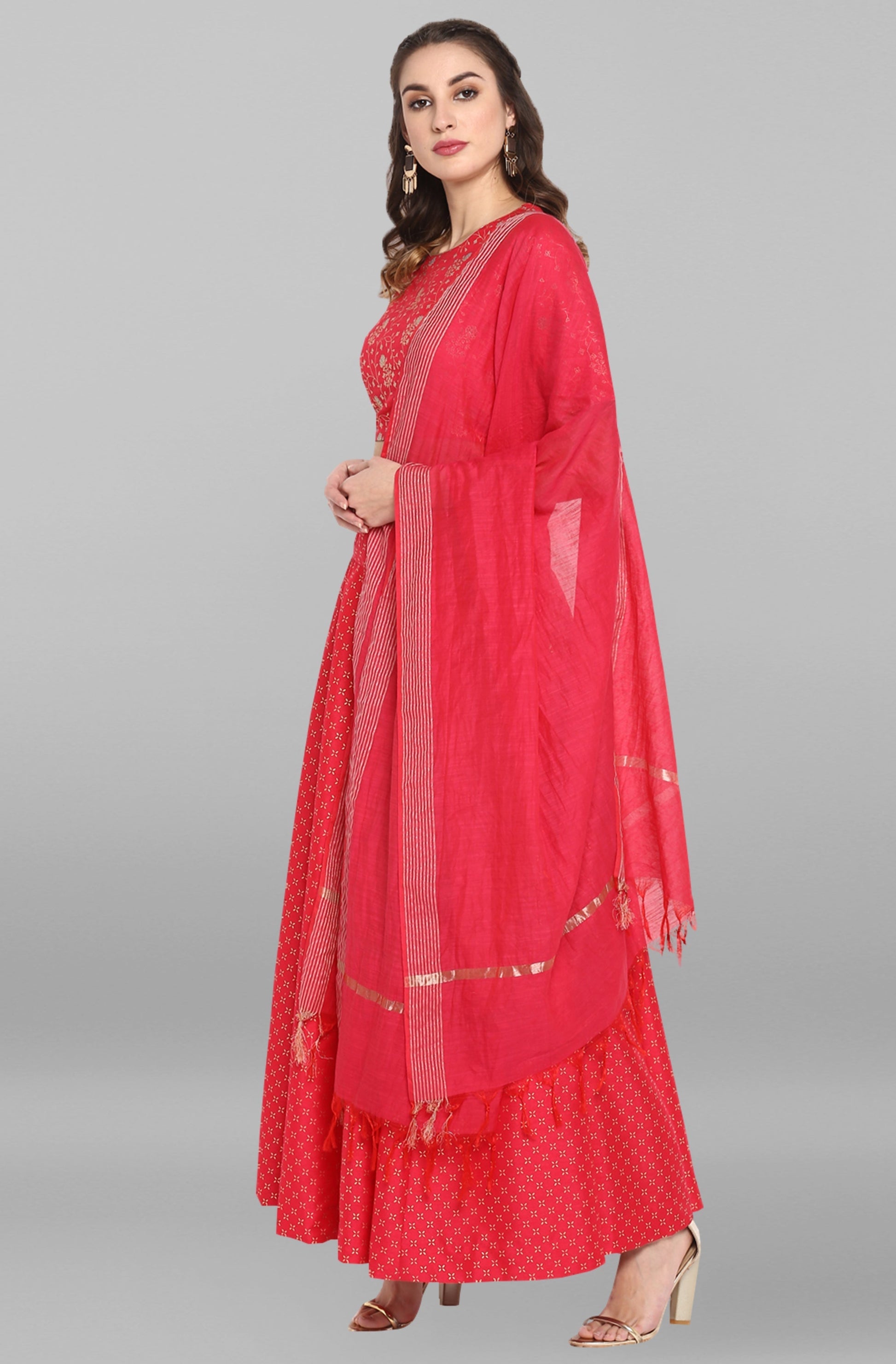 Janasya Women's Pink Poly Silk Gold Print Lehenga Choli With Dupatta 