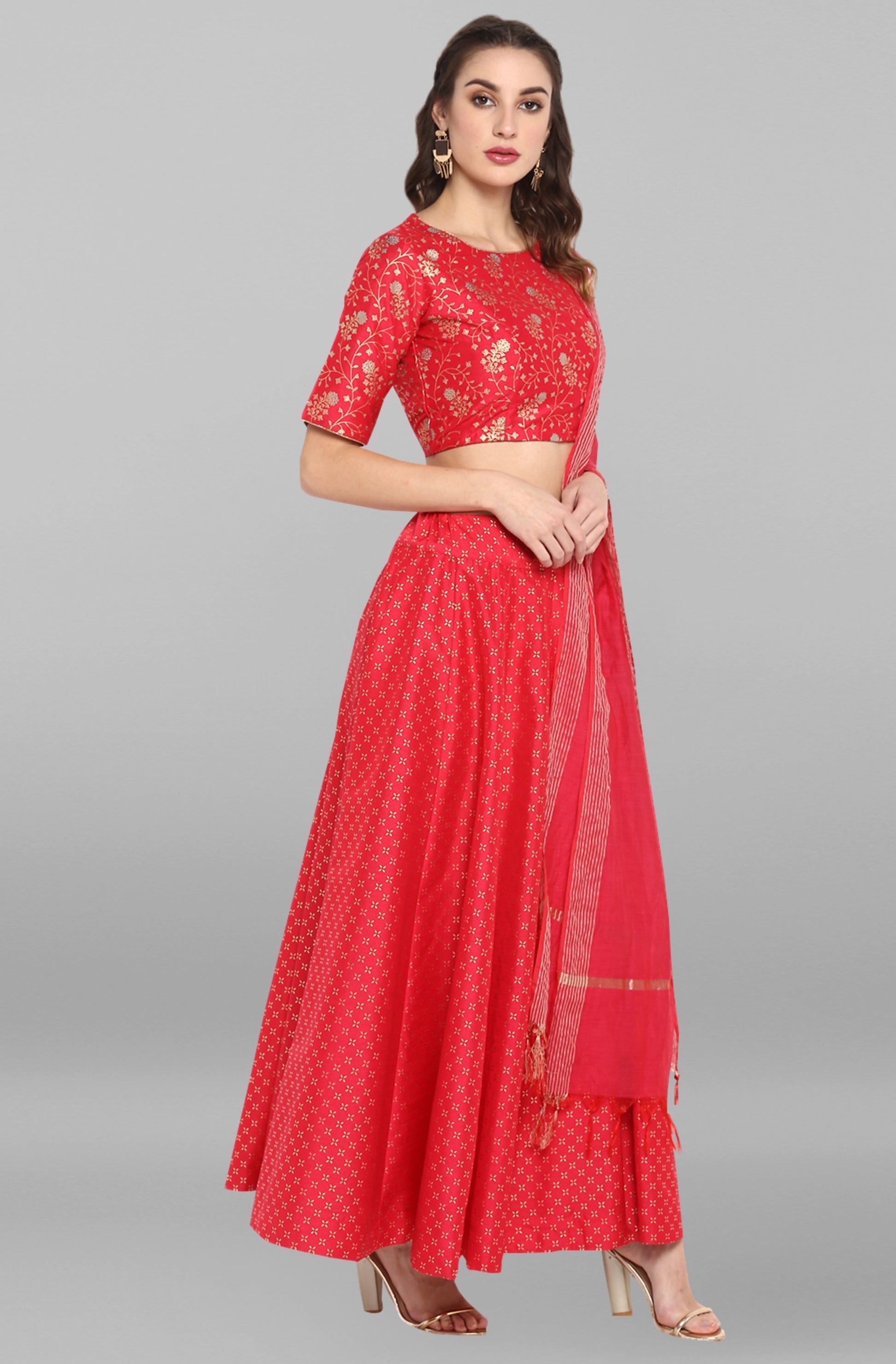 Janasya Women's Pink Poly Silk Gold Print Lehenga Choli With Dupatta 