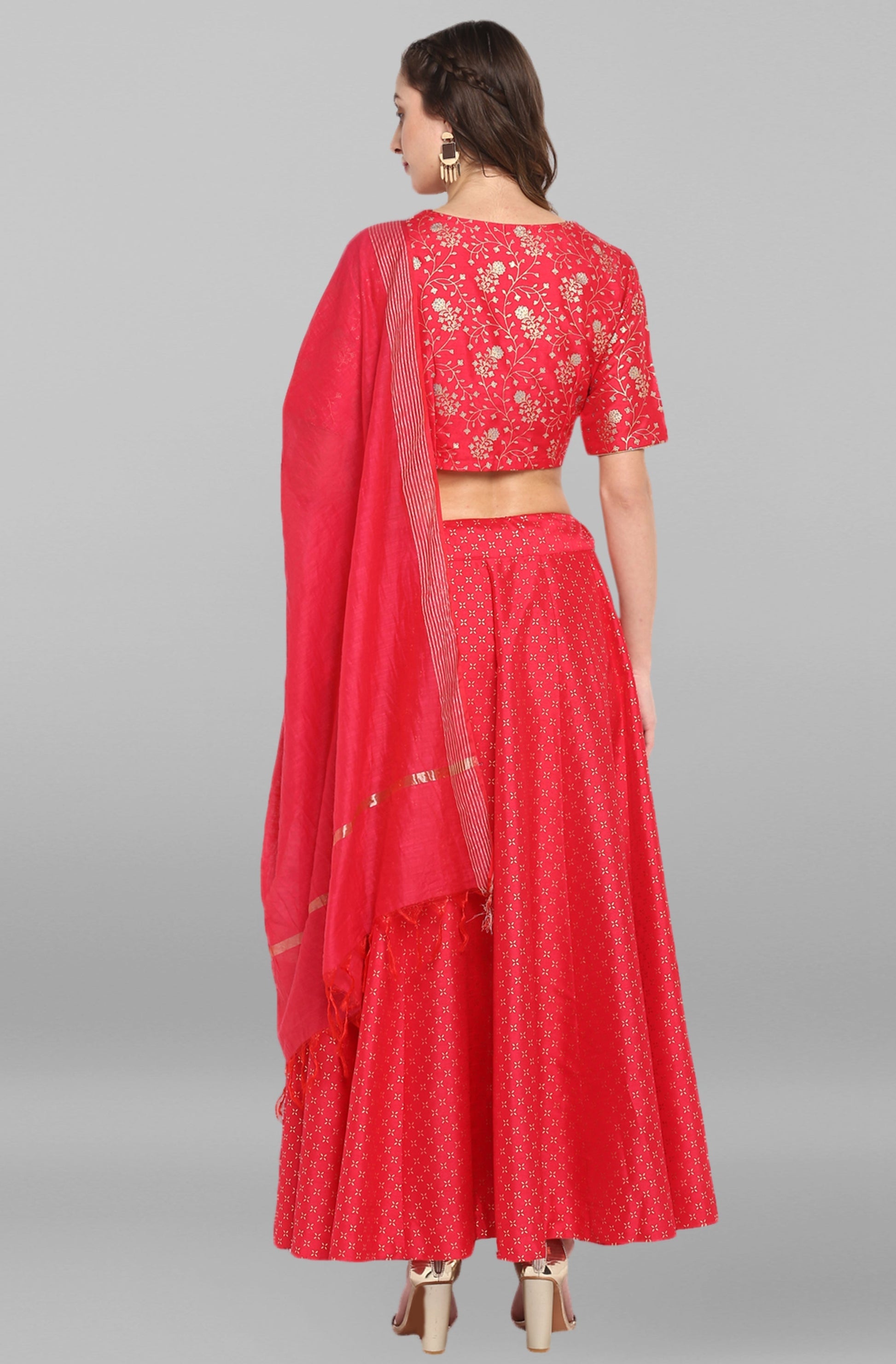 Janasya Women's Pink Poly Silk Gold Print Lehenga Choli With Dupatta 