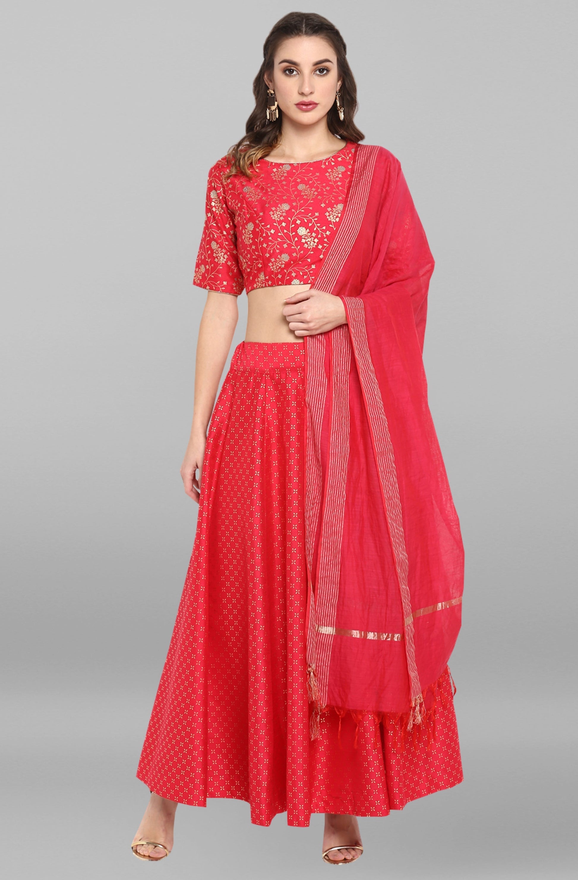 Janasya Women's Pink Poly Silk Gold Print Lehenga Choli With Dupatta 