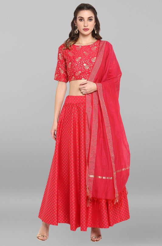 Janasya Women's Pink Poly Silk Gold Print Lehenga Choli With Dupatta 