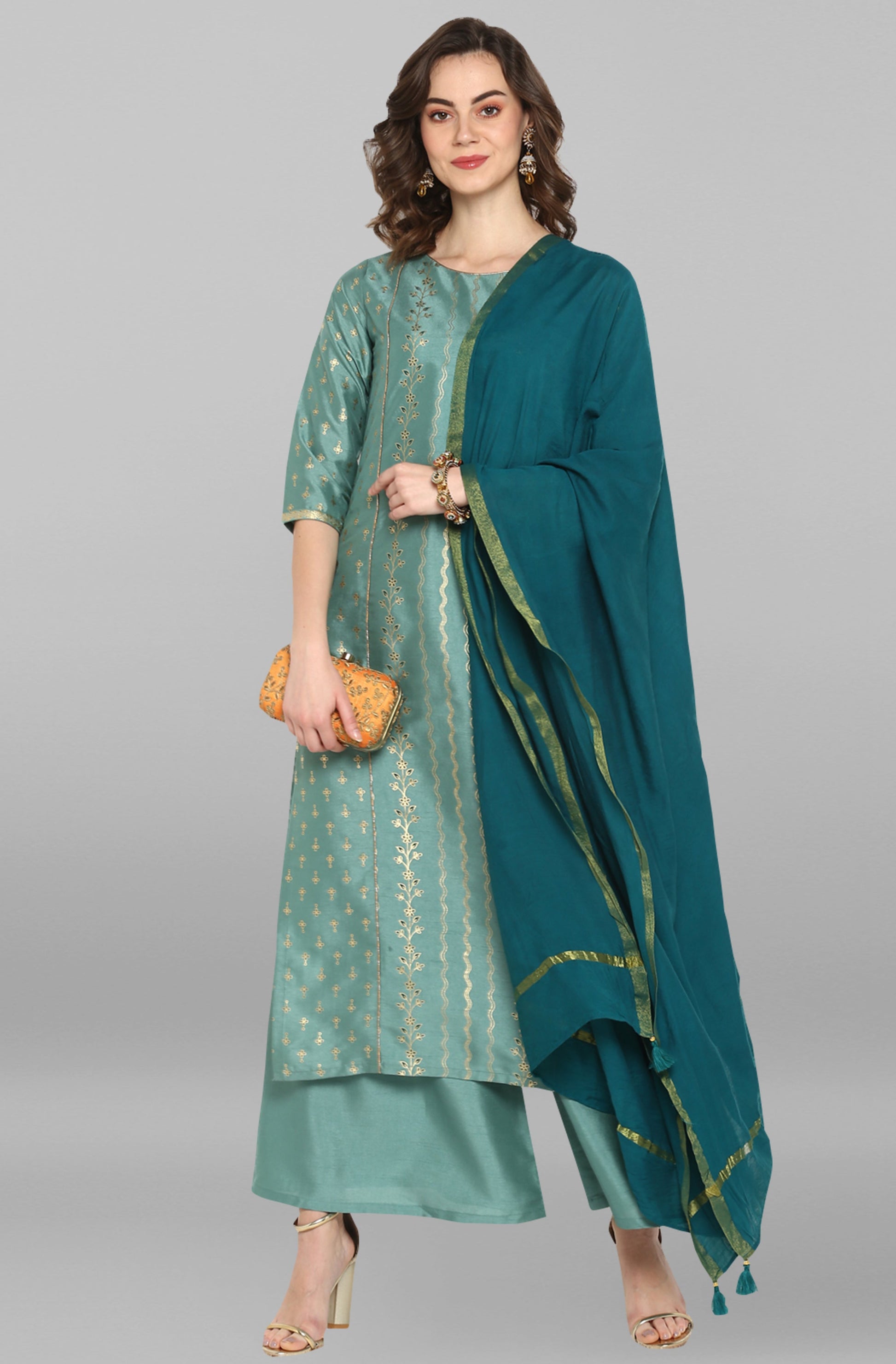 Janasya Women's Light Green Poly Silk Floral Print Kurta With Palazzo And Dupatta 