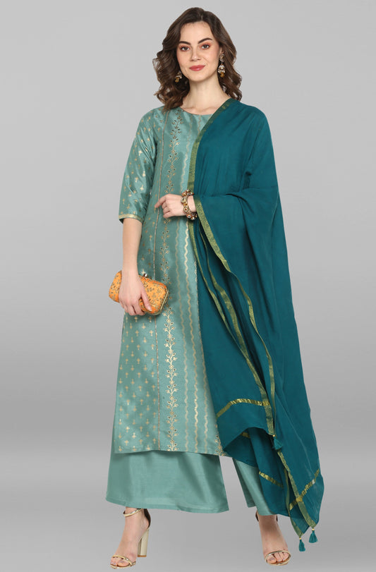 Janasya Women's Light Green Poly Silk Floral Print Kurta With Palazzo And Dupatta 
