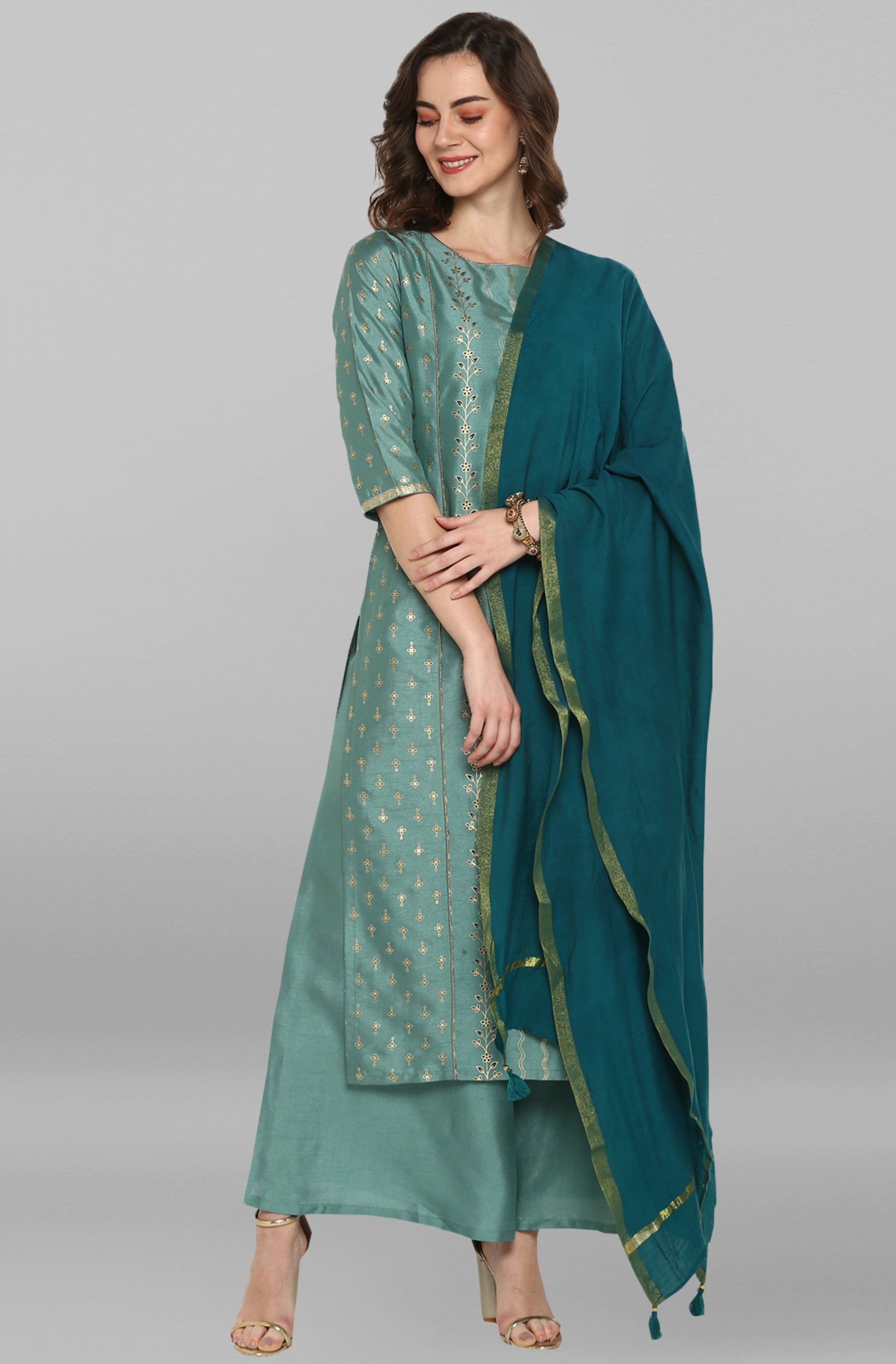 Janasya Women's Light Green Poly Silk Floral Print Kurta With Palazzo And Dupatta 