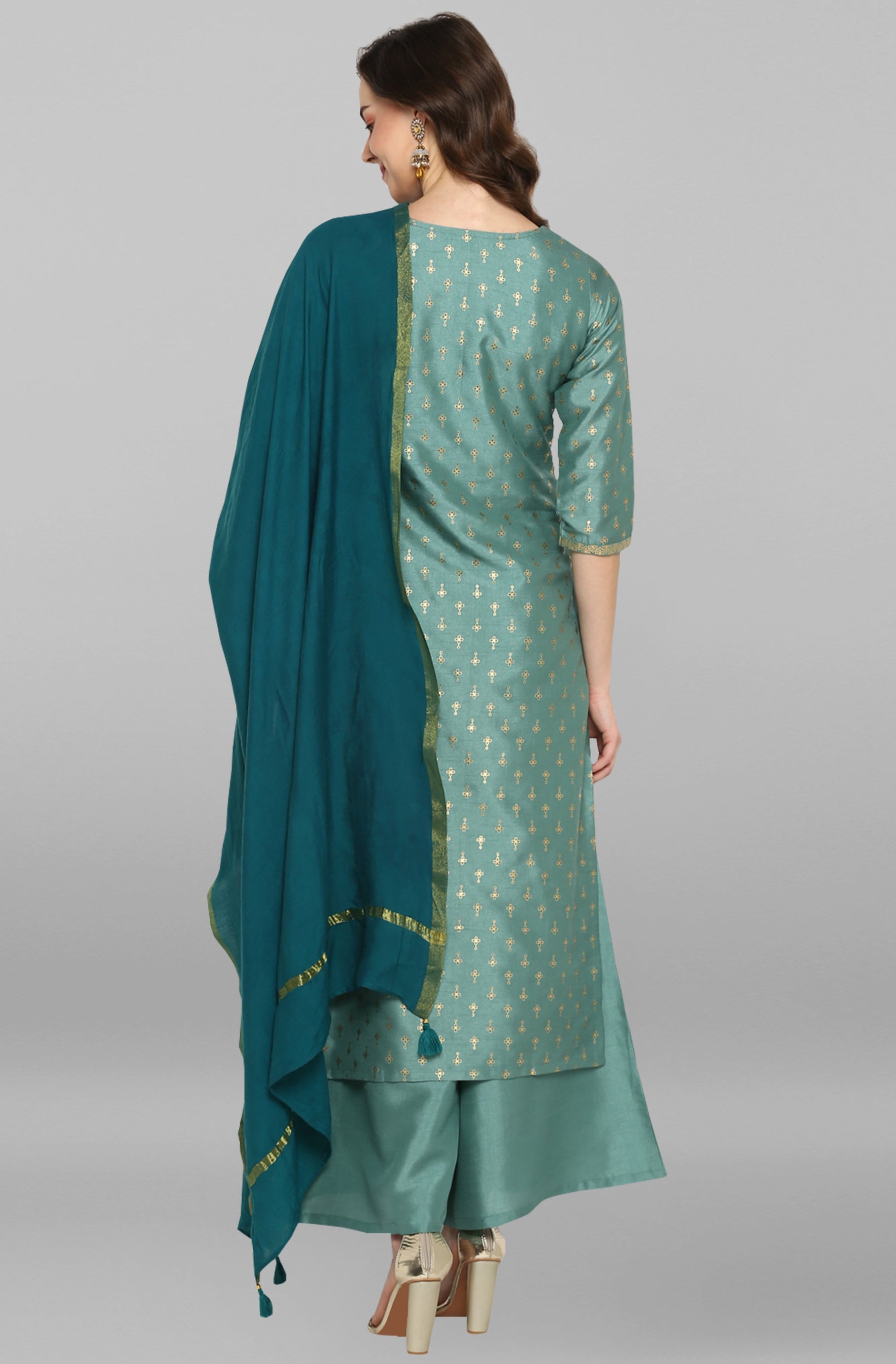 Janasya Women's Light Green Poly Silk Floral Print Kurta With Palazzo And Dupatta 
