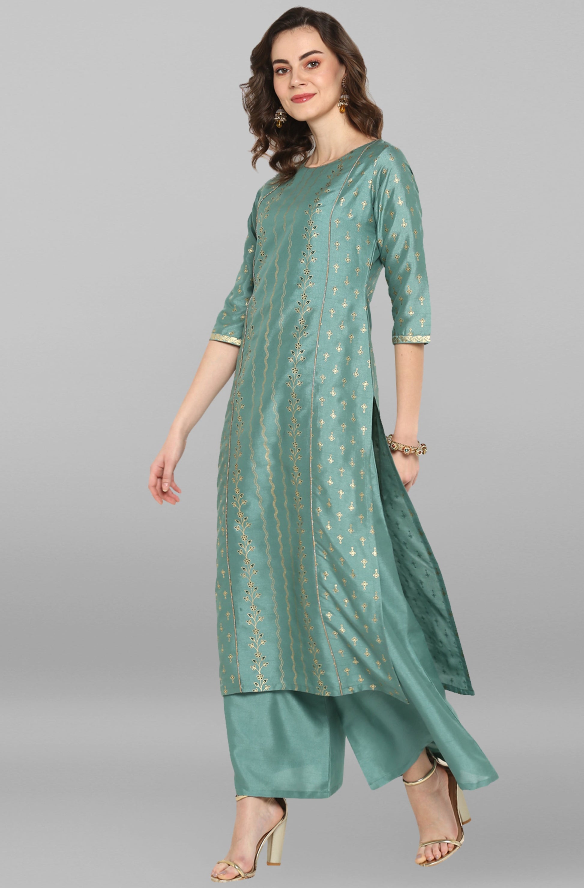 Janasya Women's Light Green Poly Silk Floral Print Kurta With Palazzo And Dupatta 
