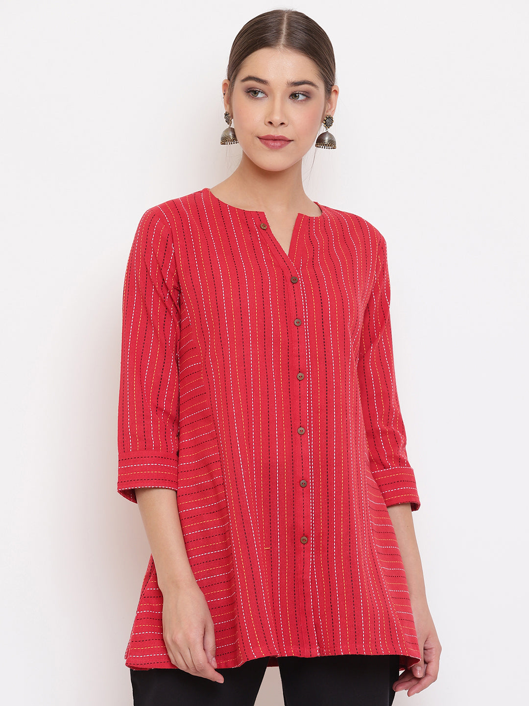 Janasya Women's Red Cotton Woven Design A-Line Top 