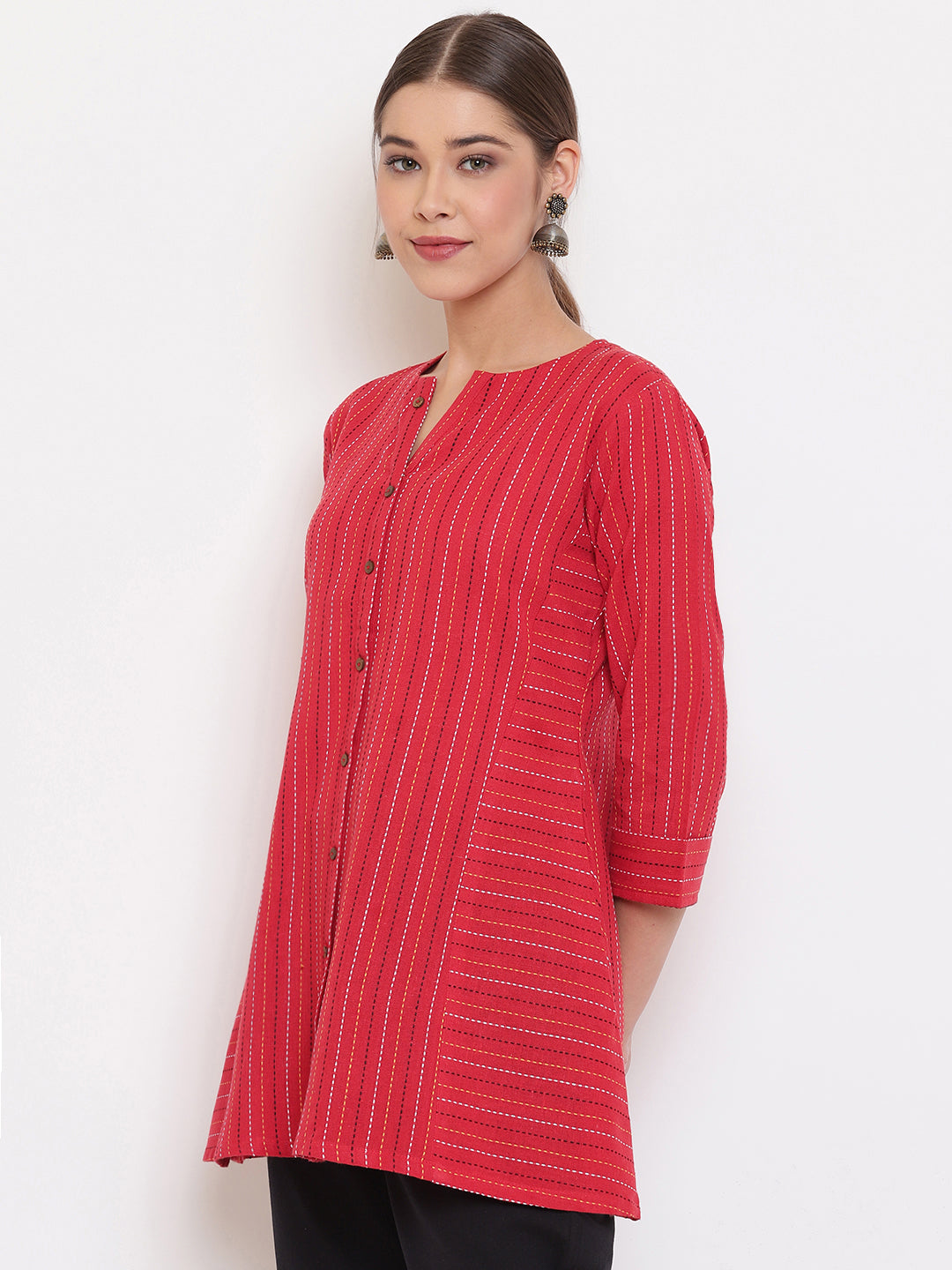 Janasya Women's Red Cotton Woven Design A-Line Top 