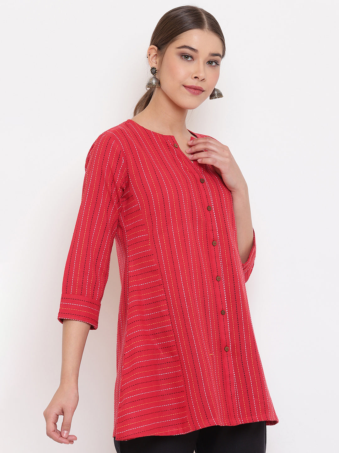 Janasya Women's Red Cotton Woven Design A-Line Top 