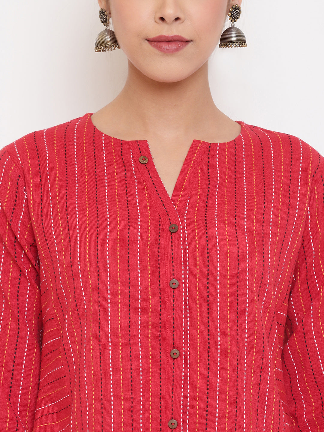 Janasya Women's Red Cotton Woven Design A-Line Top 