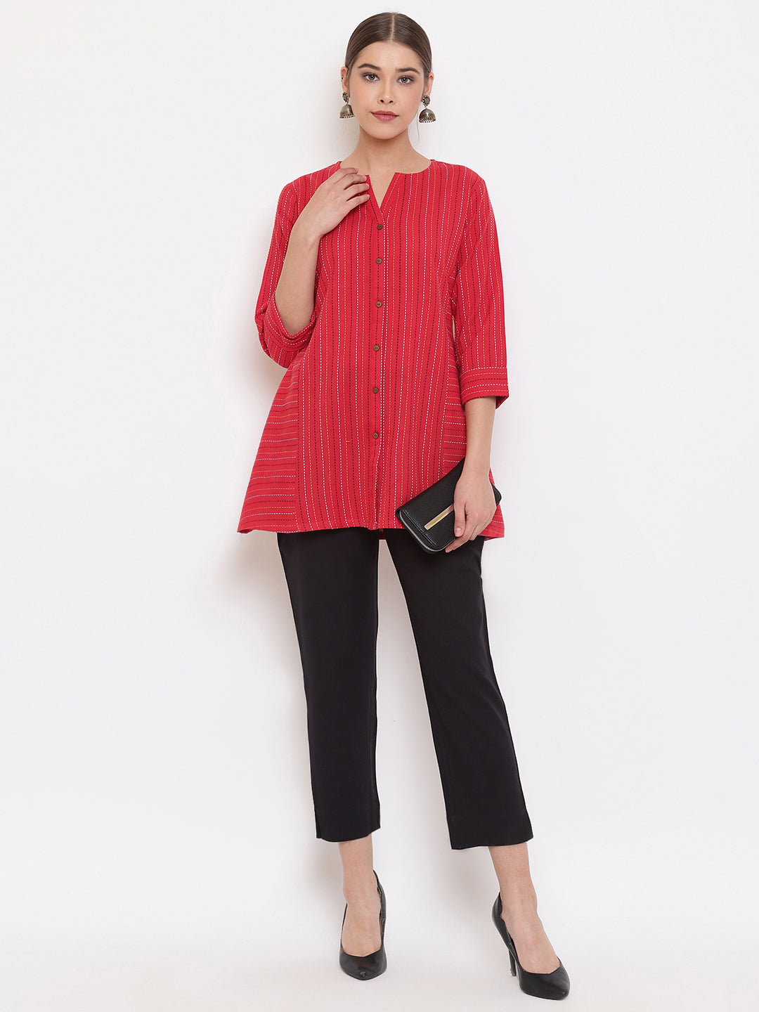Janasya Women's Red Cotton Woven Design A-Line Top 