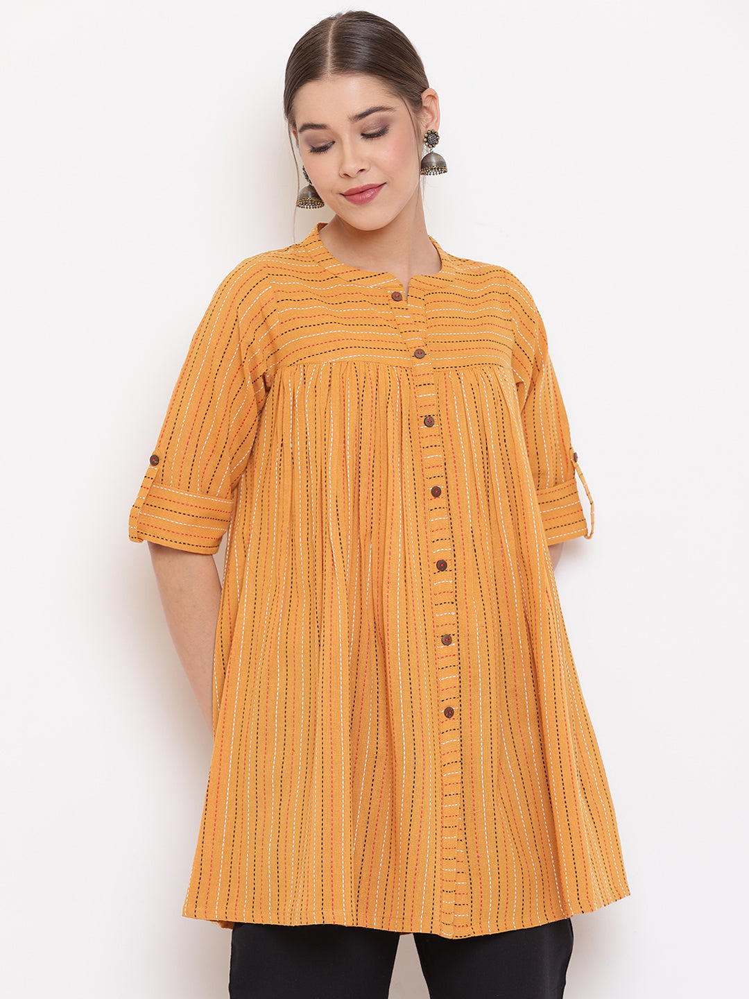 Janasya Women's Mustard Cotton Woven Design Gathered Tunic 