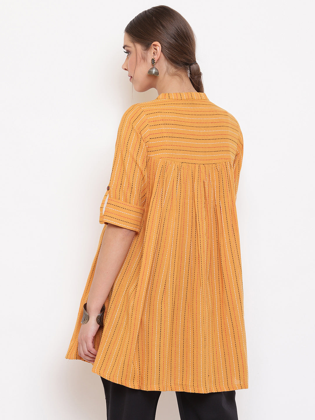 Janasya Women's Mustard Cotton Woven Design Gathered Tunic 