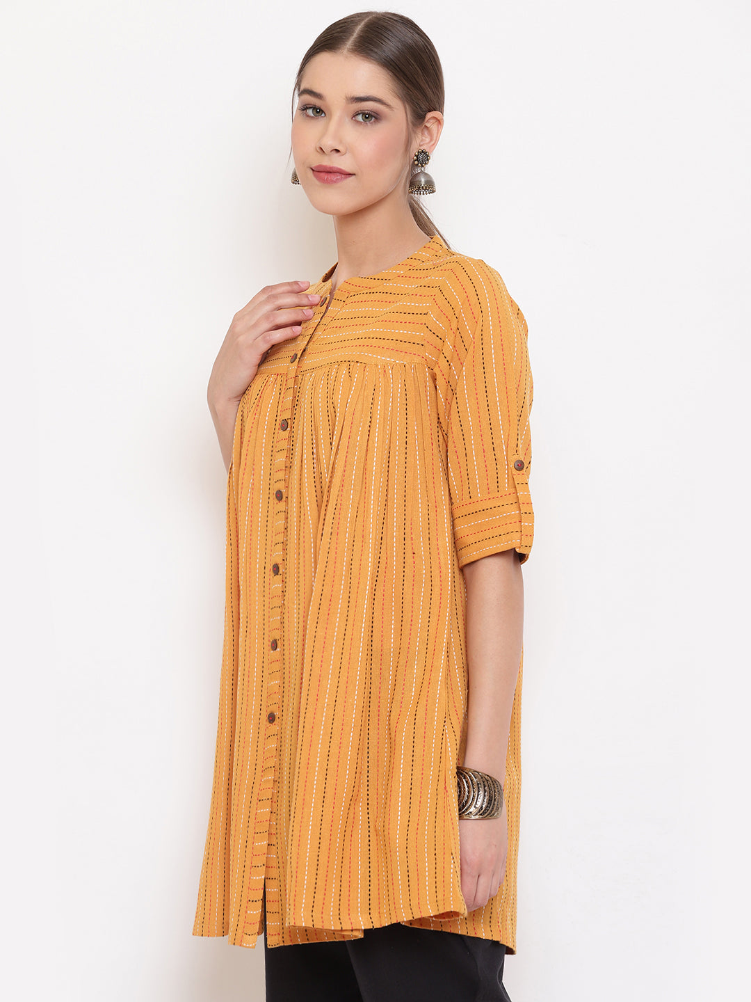 Janasya Women's Mustard Cotton Woven Design Gathered Tunic 
