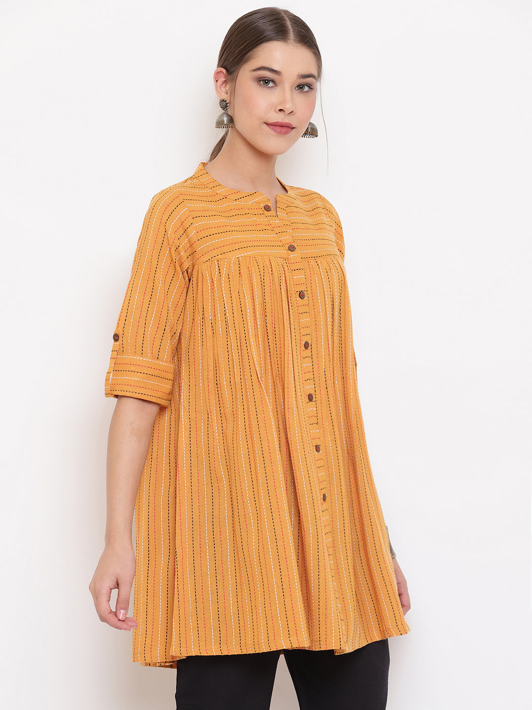 Janasya Women's Mustard Cotton Woven Design Gathered Tunic 