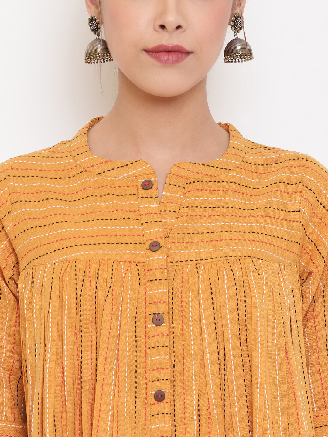 Janasya Women's Mustard Cotton Woven Design Gathered Tunic 